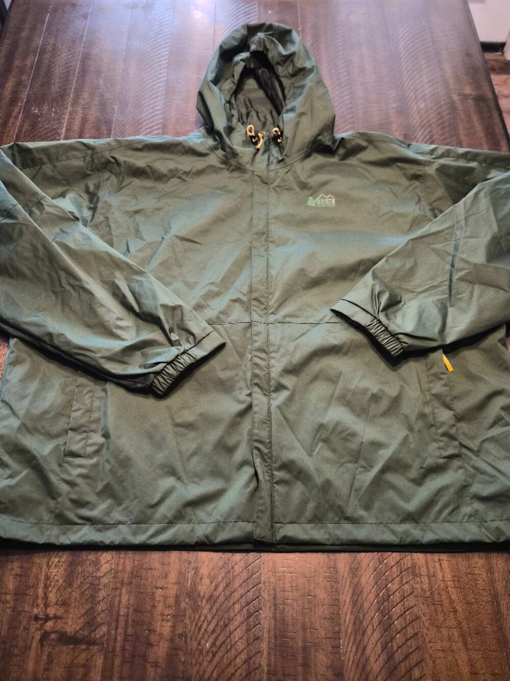 REI Co-op Mens Hooded Rain Jacket Size 2XL Green Zip Outdoors Hiking Gorpcore